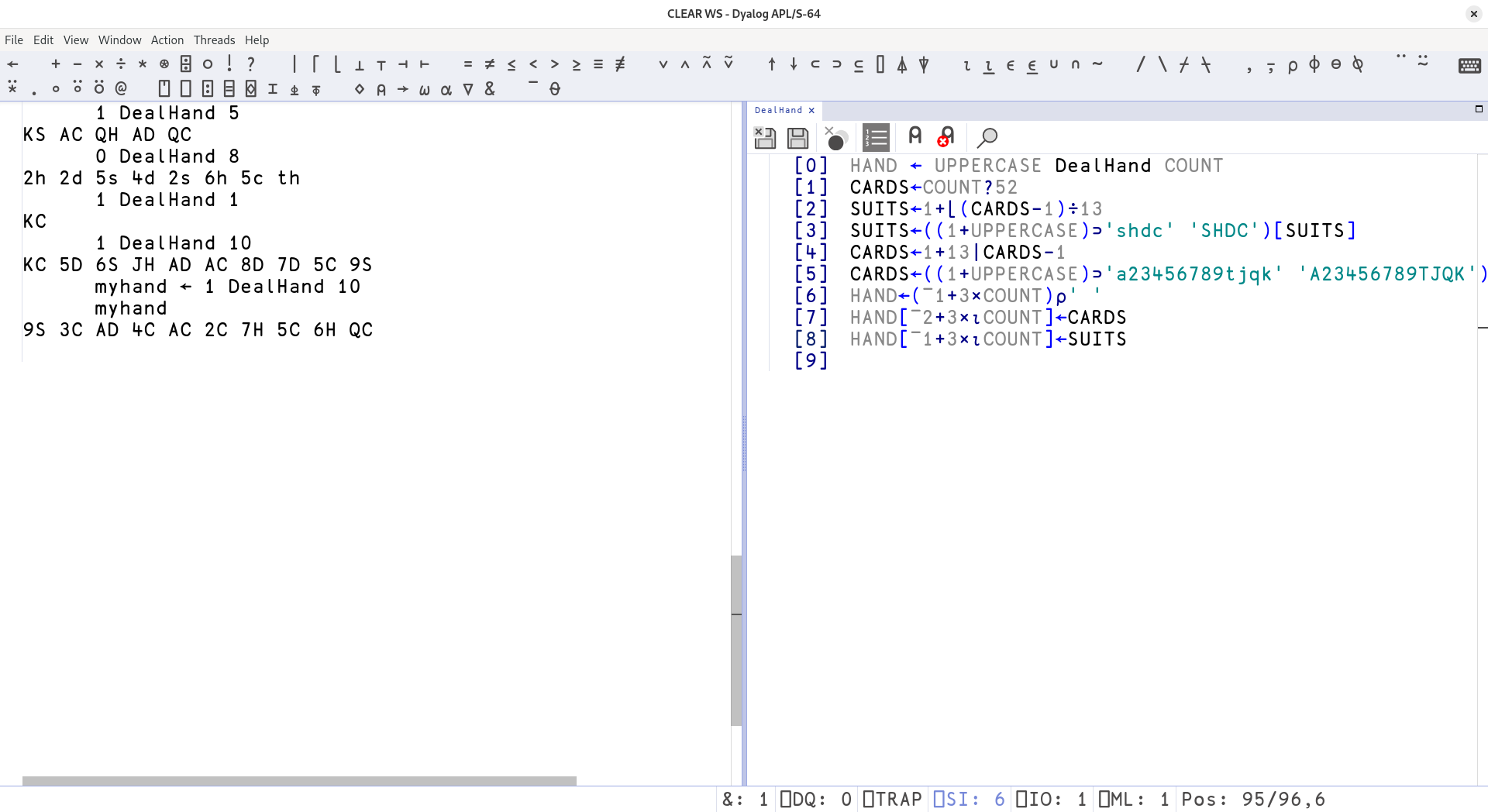 A picture of the full dealing code in action