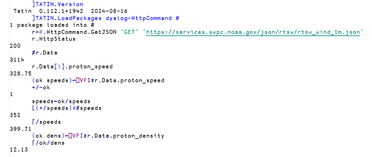 A picture of RIDE after loading HttpCommand and fetching solar wind data